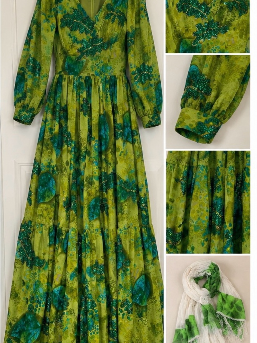 Girls' Green Floral Print Maxi Dress with Teal Accents